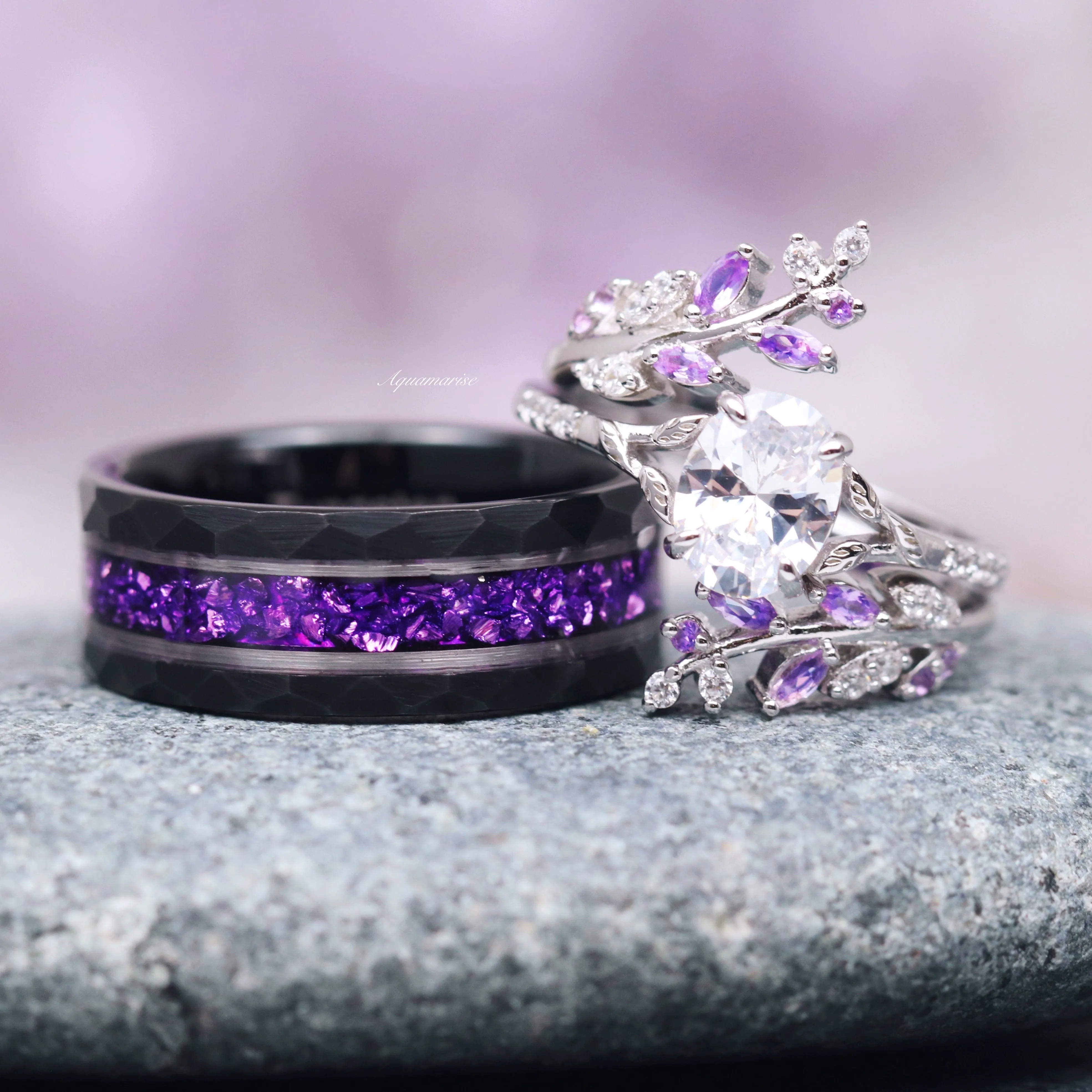 Crushed Amethyst Wedding Band- 8MM Black Tungsten