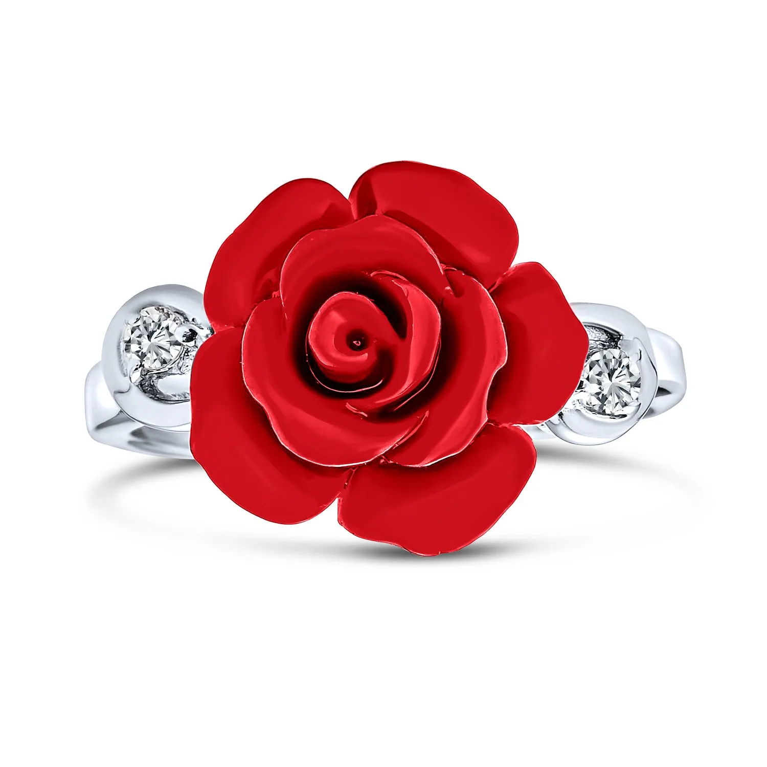 CZ Accent Flower Red carved Rose Statement Ring .925 Sterling Silver