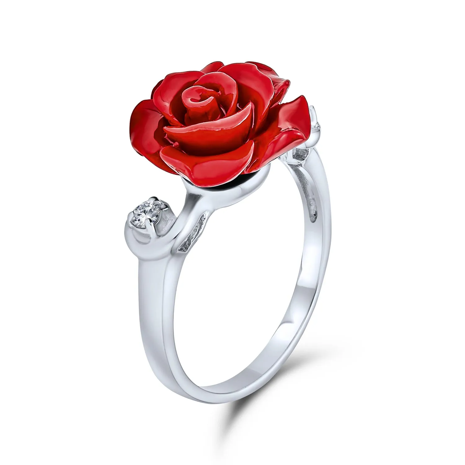 CZ Accent Flower Red carved Rose Statement Ring .925 Sterling Silver