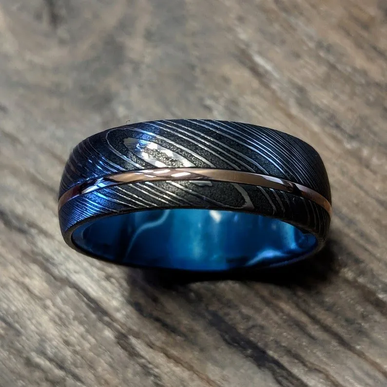 Damascus Steel Ring 14k Rose Gold Wedding Band with Inside Sapphire Blue Sleeve