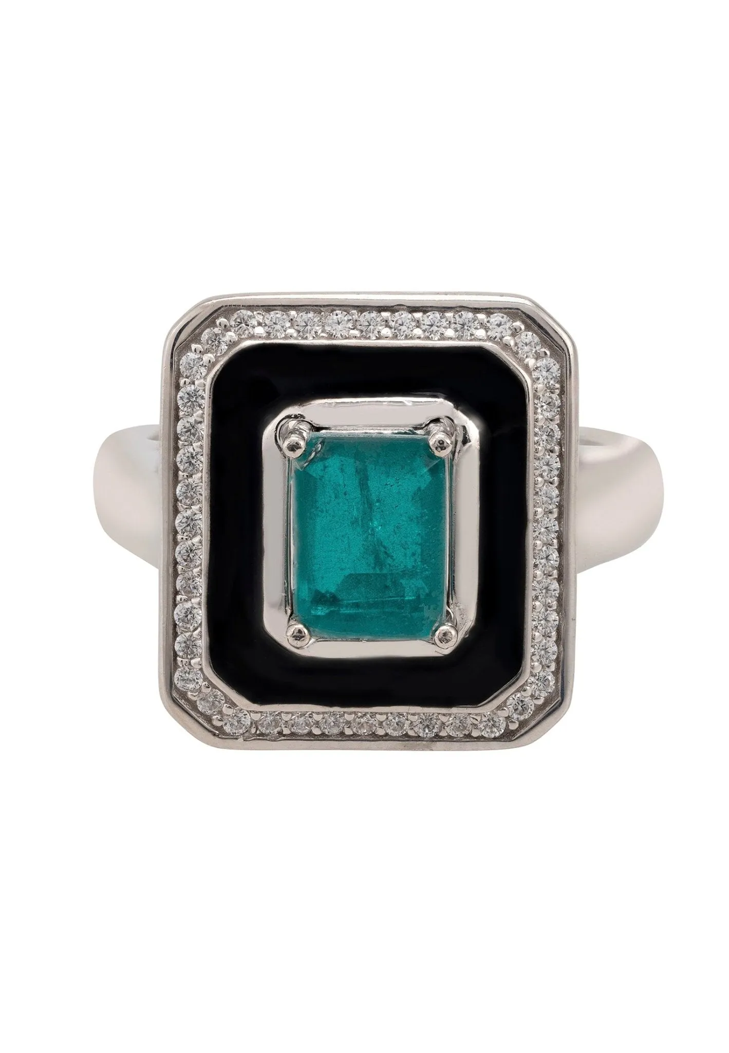 Deco Emerald & Enamel Ring Silver