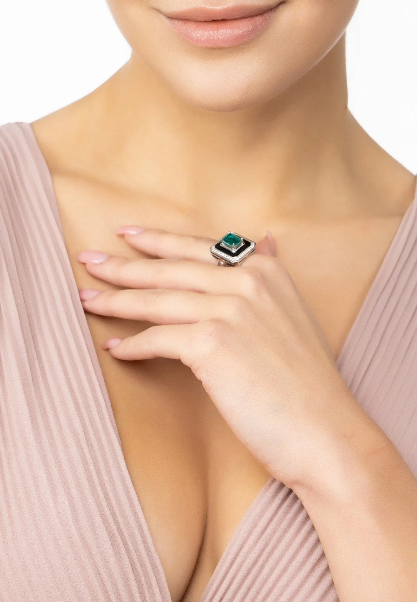 Deco Emerald & Enamel Ring Silver