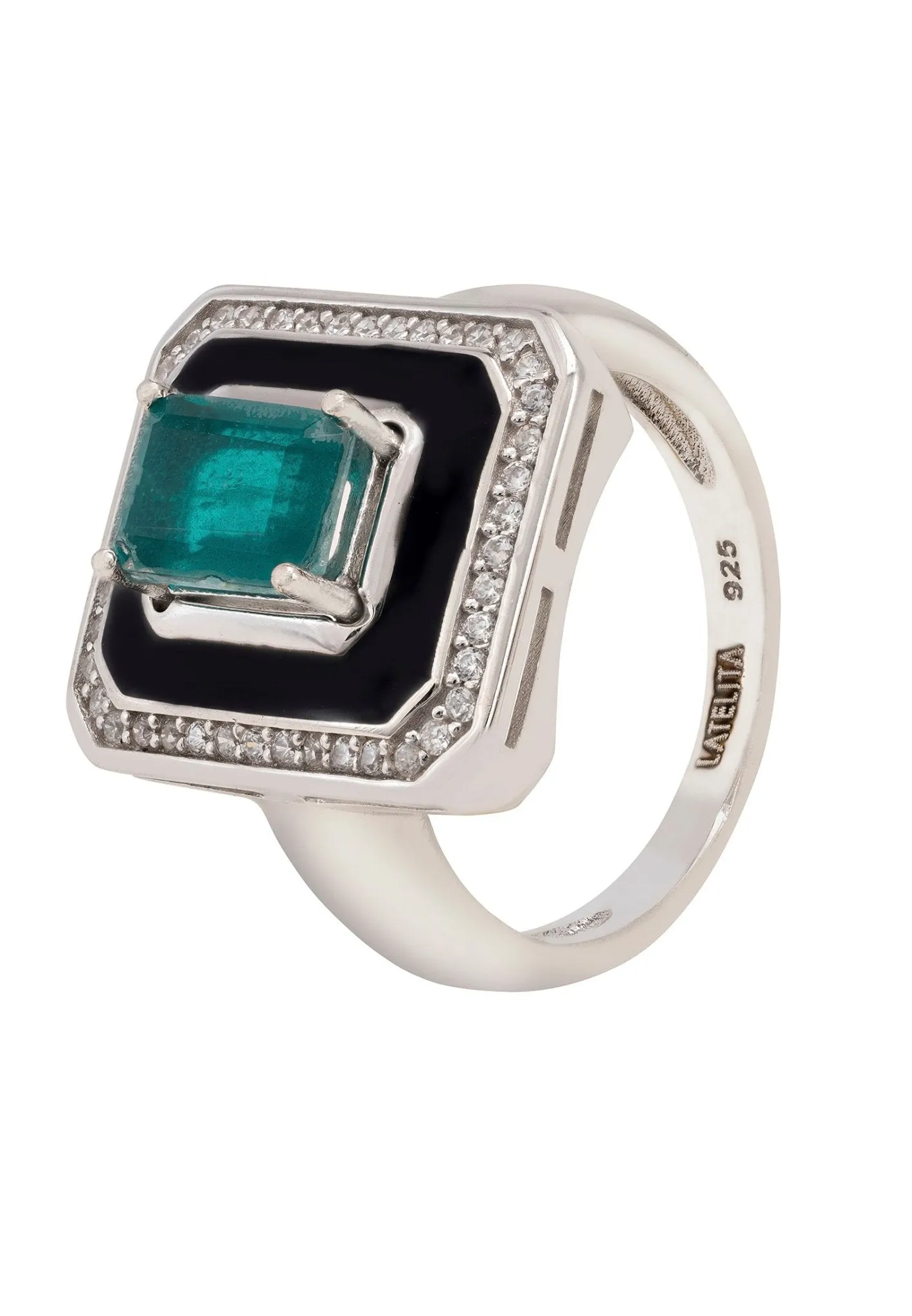 Deco Emerald & Enamel Ring Silver