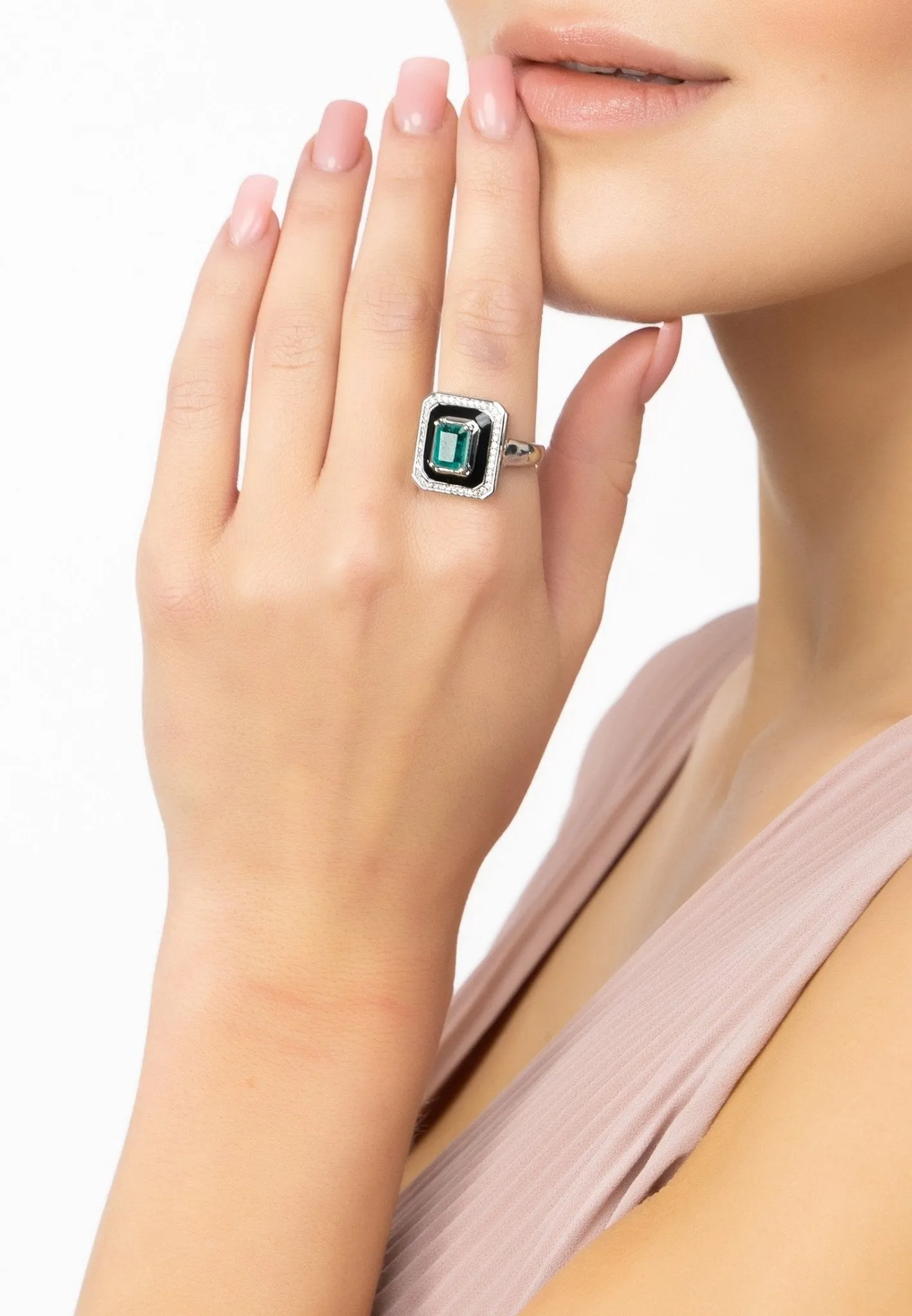 Deco Emerald & Enamel Ring Silver