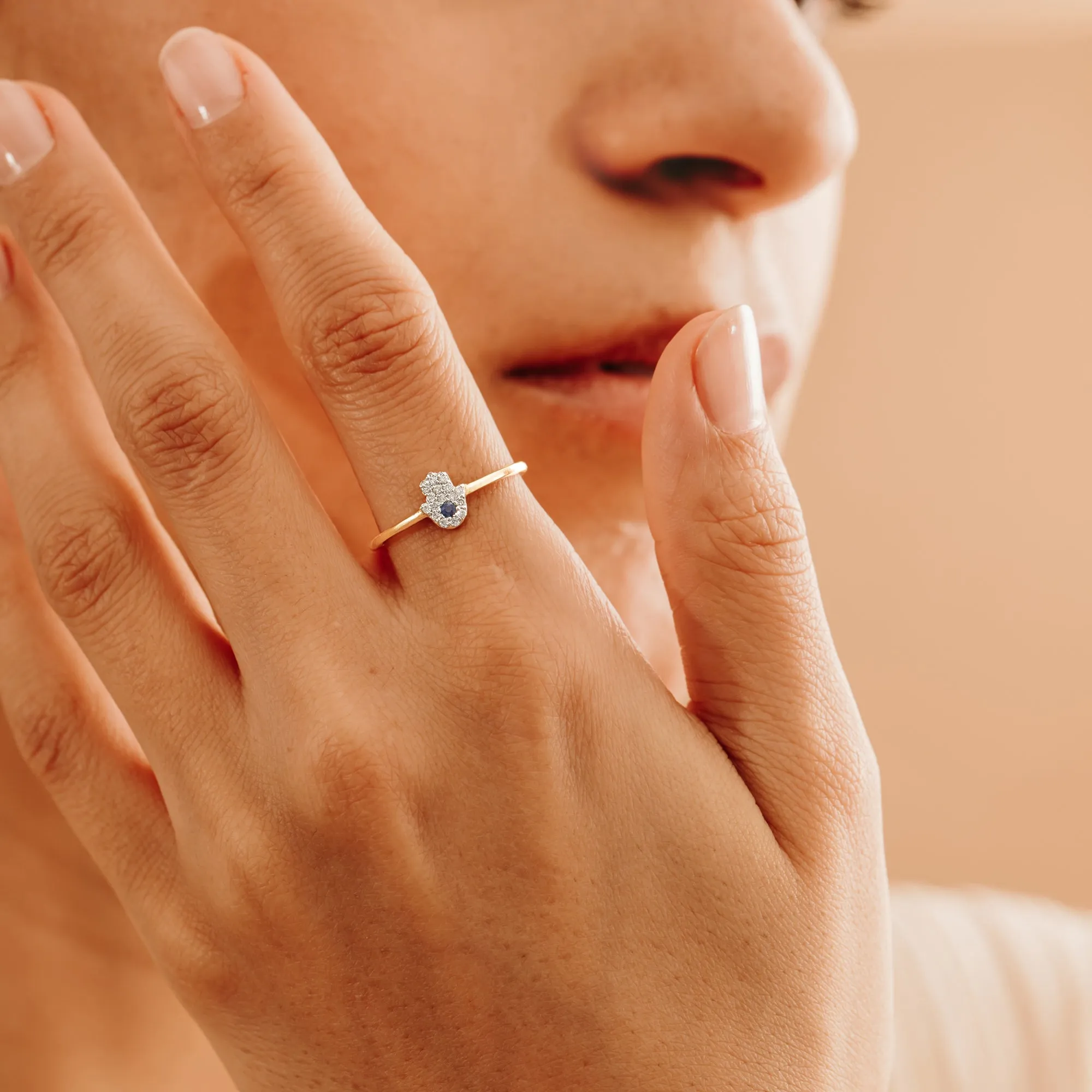 Diamond and Sapphire Hamsa Ring, Edina