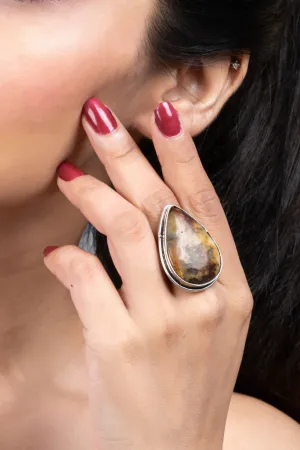 Drop-Shaped Unique Brown Dendritic Natural Agate Stone Adjustable Ring