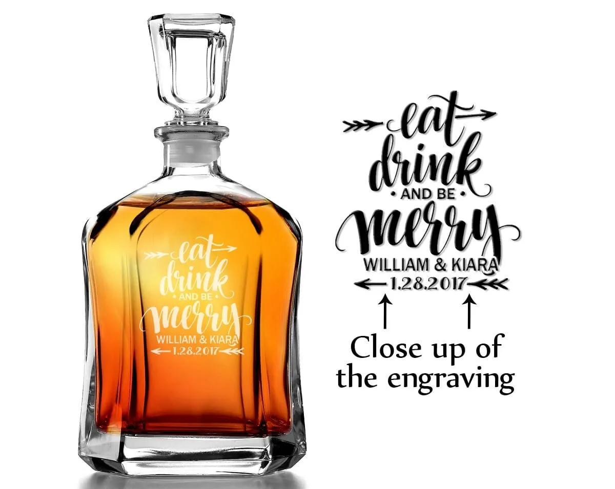 Eat Drink and Be Merry Personalized Decanter Christmas Wedding Gift for Newlyweds Custom Engraved Whiskey Decanter Bride Groom Present