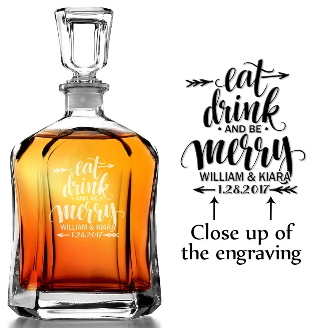 Eat Drink and Be Merry Personalized Decanter Christmas Wedding Gift for Newlyweds Custom Engraved Whiskey Decanter Bride Groom Present