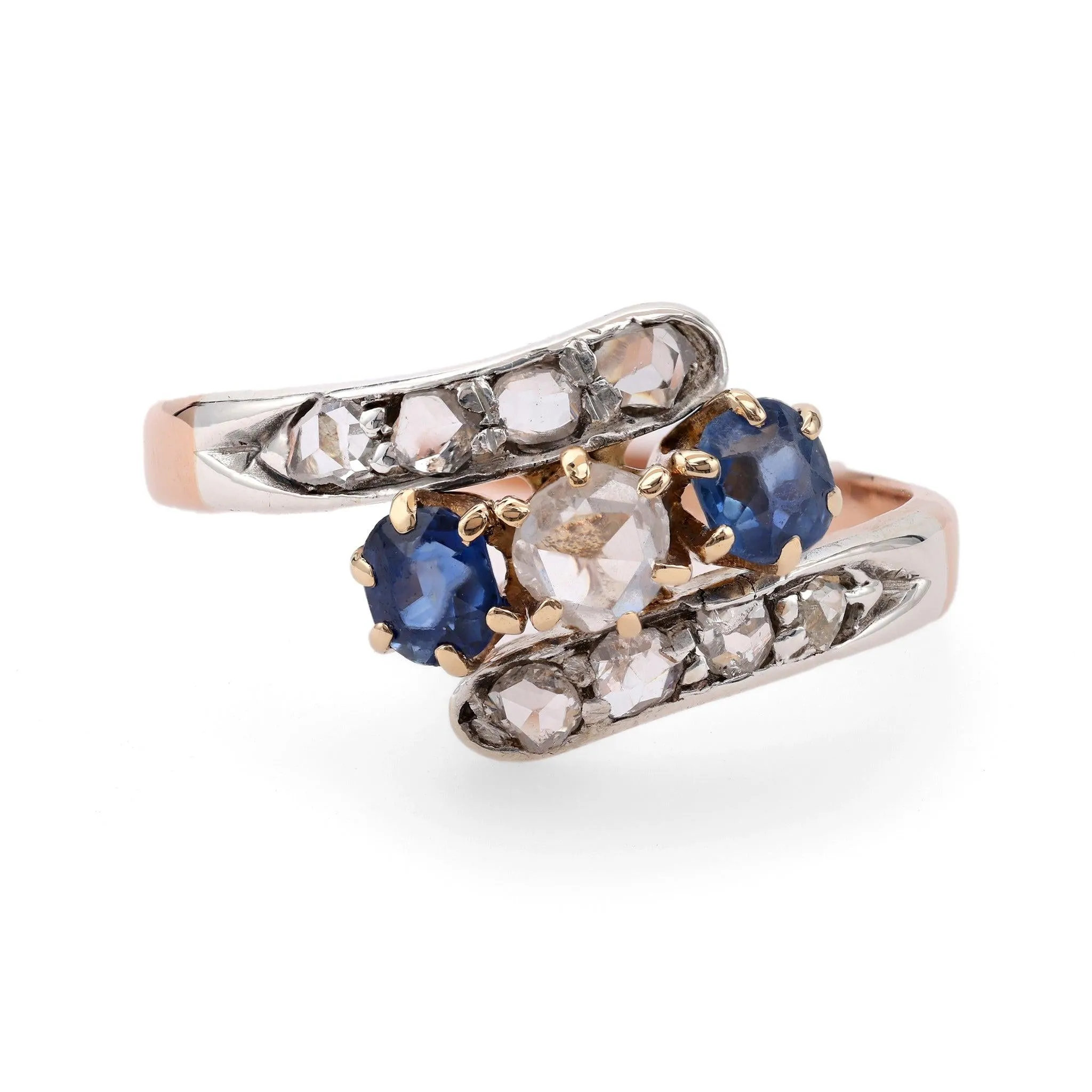 Edwardian Diamond Sapphire 18k Rose Gold Silver Bypass Ring