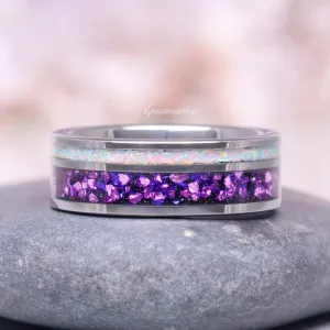 Galaxy Amethyst & Fire Opal Wedding Band- 8MM Tungsten Carbide