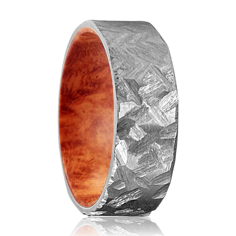 HARKIN | Red Burl Wood, Silver Titanium Ring, Hammered, Flat