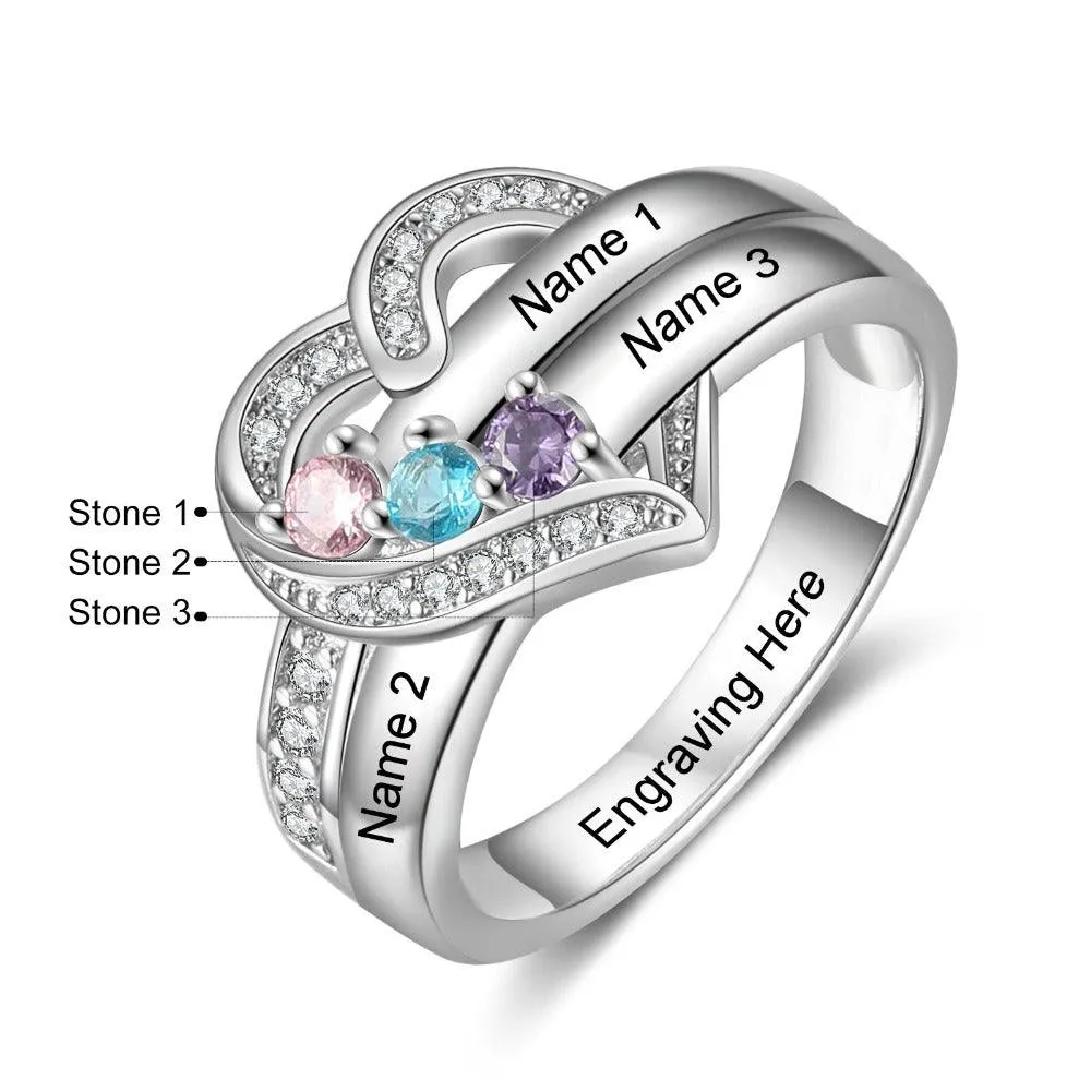 Heart Personalized Silver Ring - 3 Custom Birthstones 3 Custome Names 1 Custom Engraving