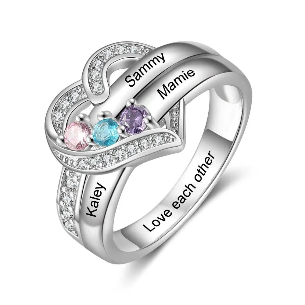 Heart Personalized Silver Ring - 3 Custom Birthstones 3 Custome Names 1 Custom Engraving