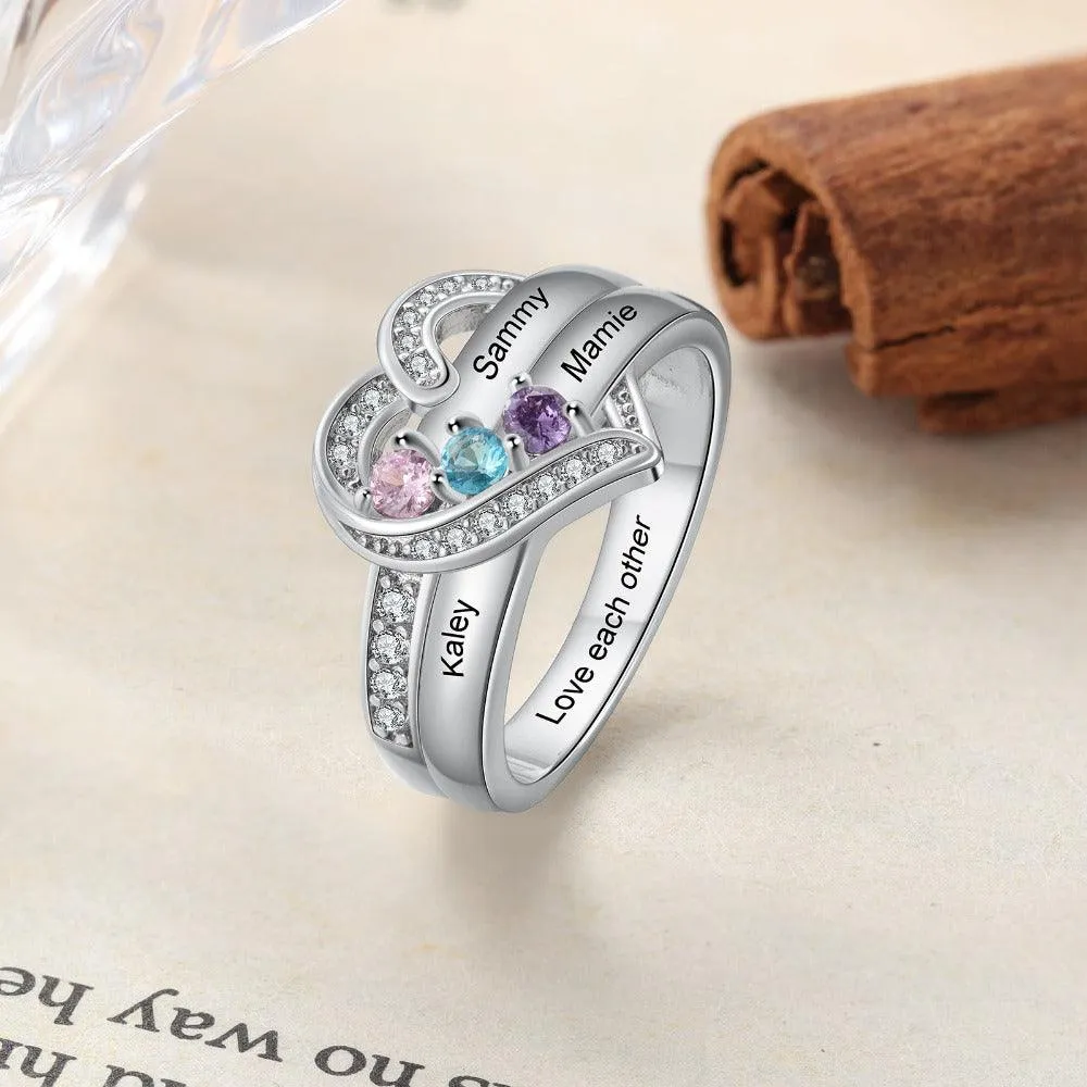 Heart Personalized Silver Ring - 3 Custom Birthstones 3 Custome Names 1 Custom Engraving