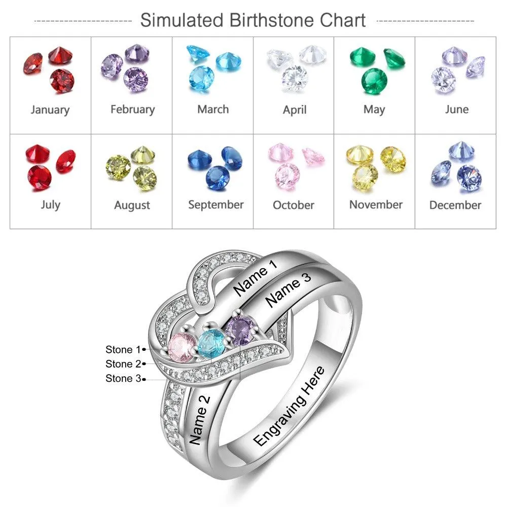 Heart Personalized Silver Ring - 3 Custom Birthstones 3 Custome Names 1 Custom Engraving