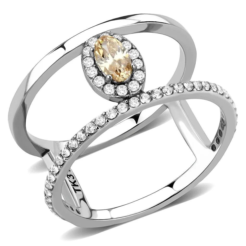 High polished (no plating) Stainless Steel Ring with AAA Grade CZ in Champagne for Women Style DA352