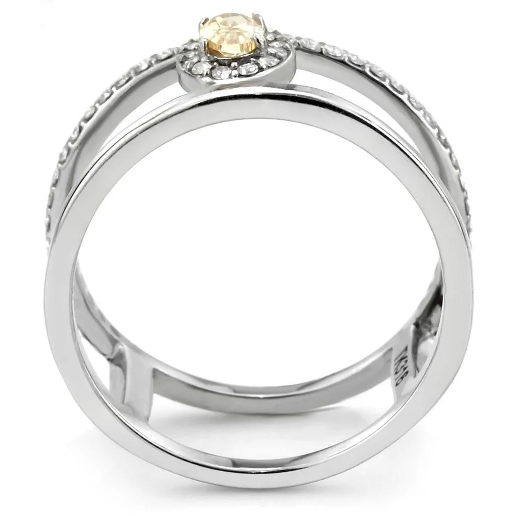 High polished (no plating) Stainless Steel Ring with AAA Grade CZ in Champagne for Women Style DA352