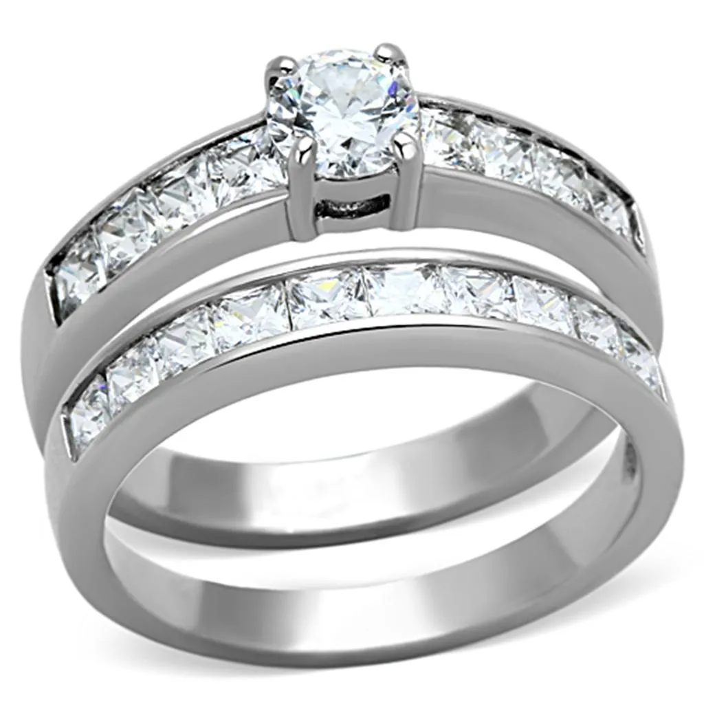 High polished (no plating) Stainless Steel Ring with AAA Grade CZ in Clear for Women Style TK1321