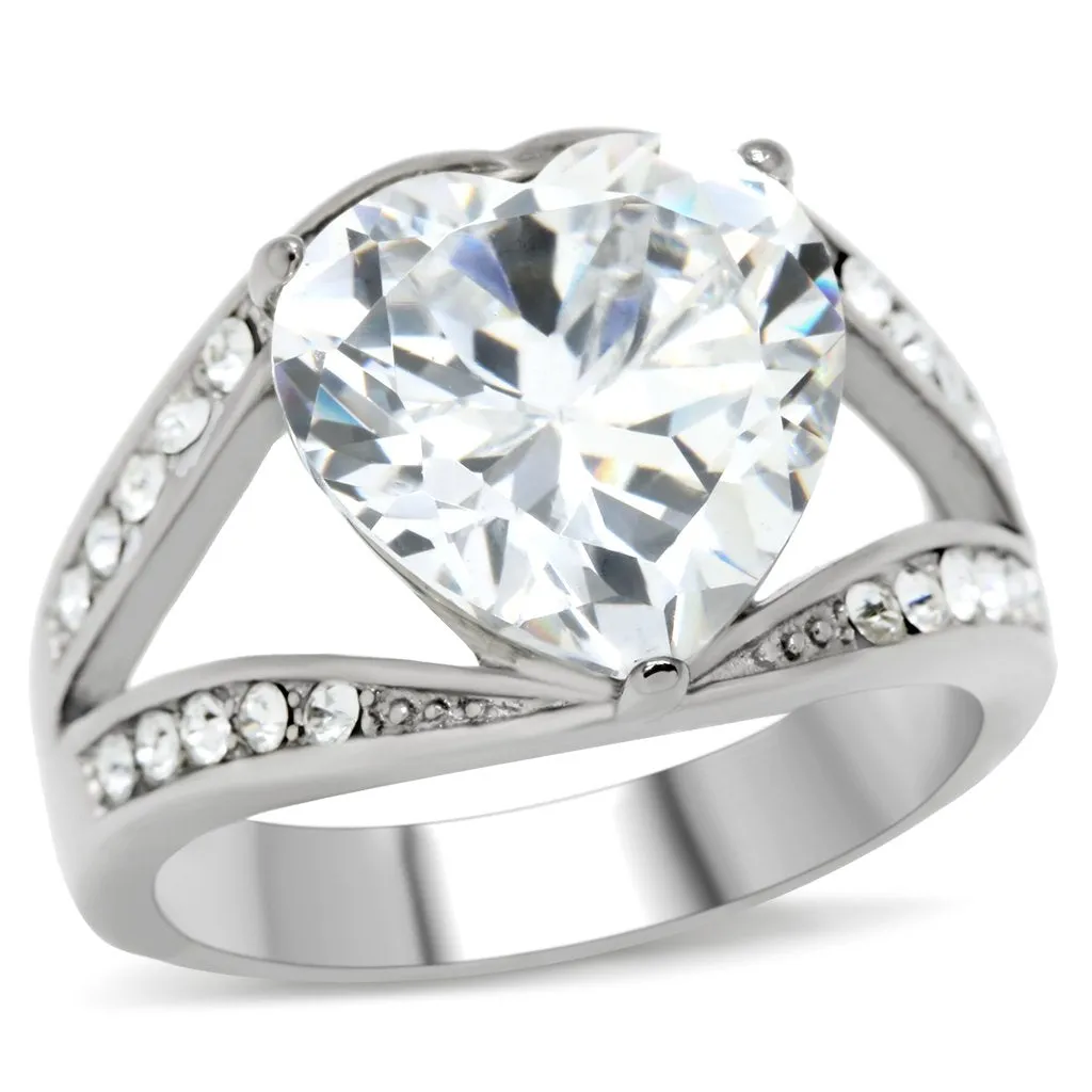 High polished (no plating) Stainless Steel Ring with AAA Grade CZ in Clear for Women Style TK185