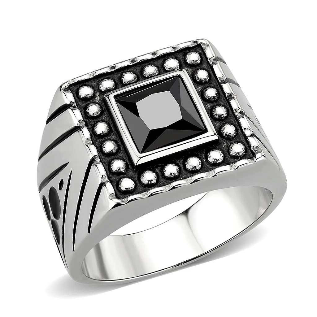 High polished (no plating) Stainless Steel Ring with AAA Grade CZ in Jet for Women Style TK3769