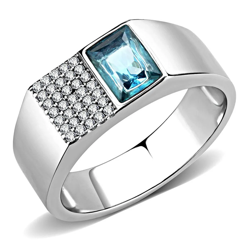 High polished (no plating) Stainless Steel Ring with Synthetic in Sea Blue for Women Style DA287