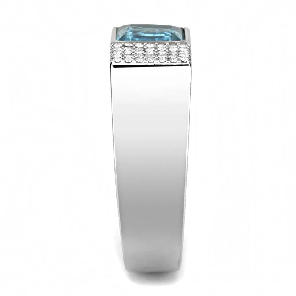 High polished (no plating) Stainless Steel Ring with Synthetic in Sea Blue for Women Style DA287