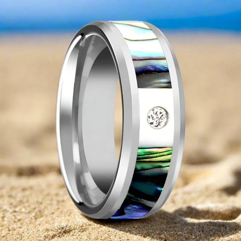 HONOLULU | Tungsten Ring, Mother of Pearl Inlay, Diamond, Beveled