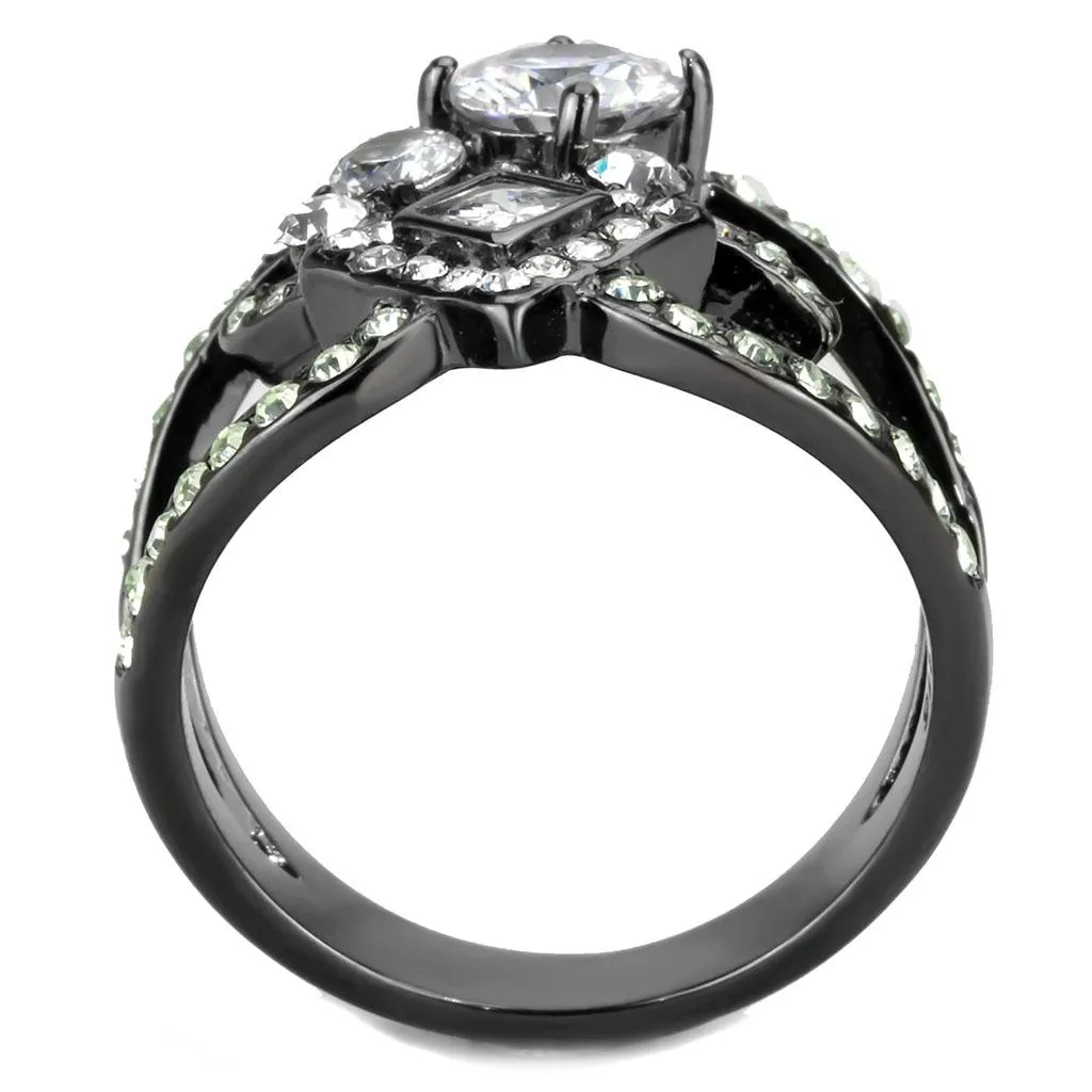 IP Light Black (IP Gun) Stainless Steel Ring with AAA Grade CZ in Clear for Women Style TK3690