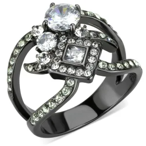 IP Light Black (IP Gun) Stainless Steel Ring with AAA Grade CZ in Clear for Women Style TK3690