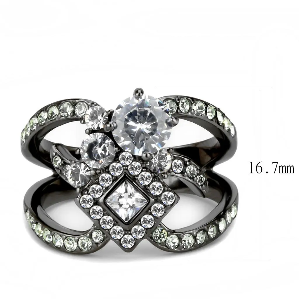 IP Light Black (IP Gun) Stainless Steel Ring with AAA Grade CZ in Clear for Women Style TK3690