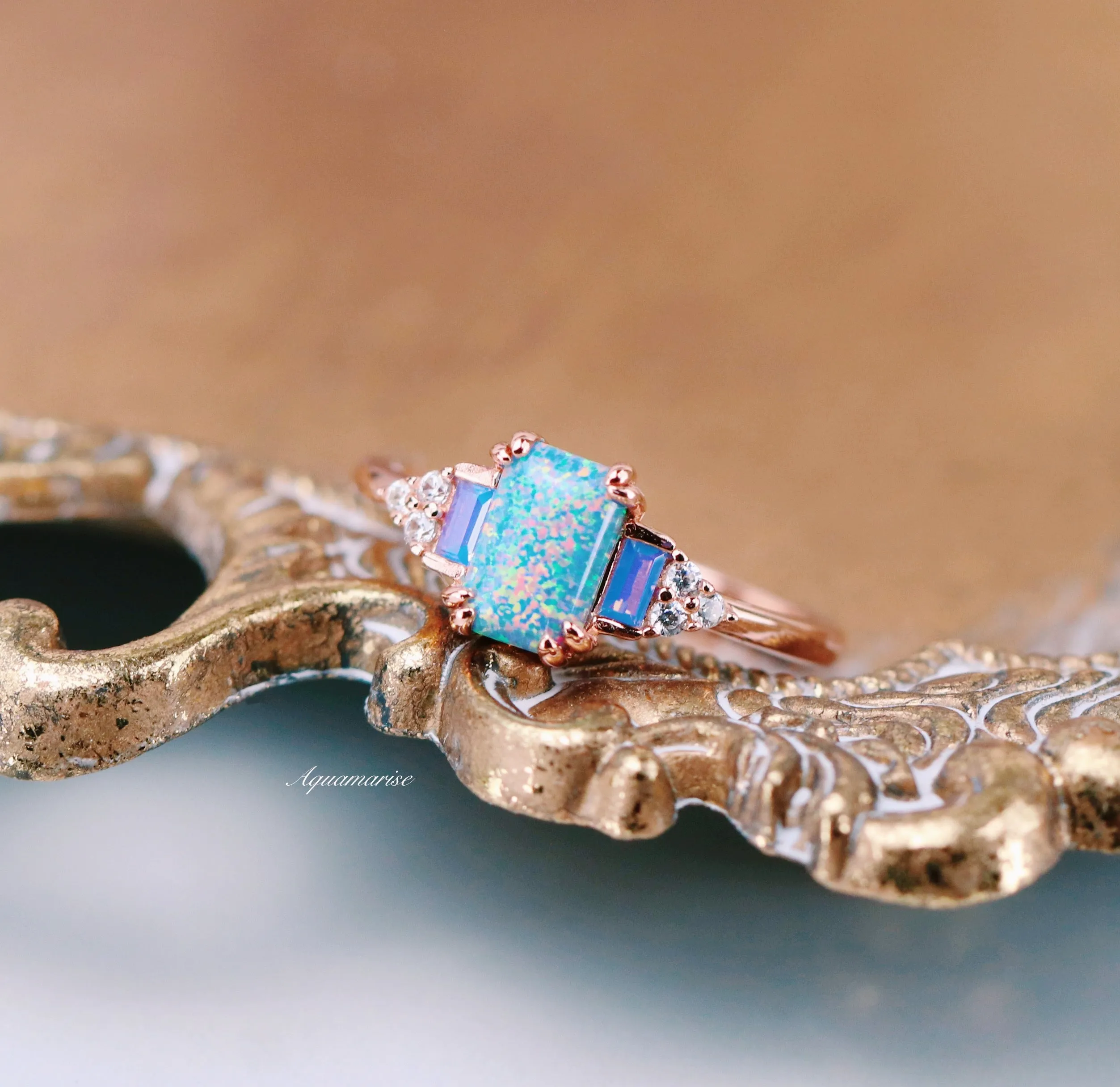 Light Blue Fire Opal & Opalescent Sapphire Couples Ring