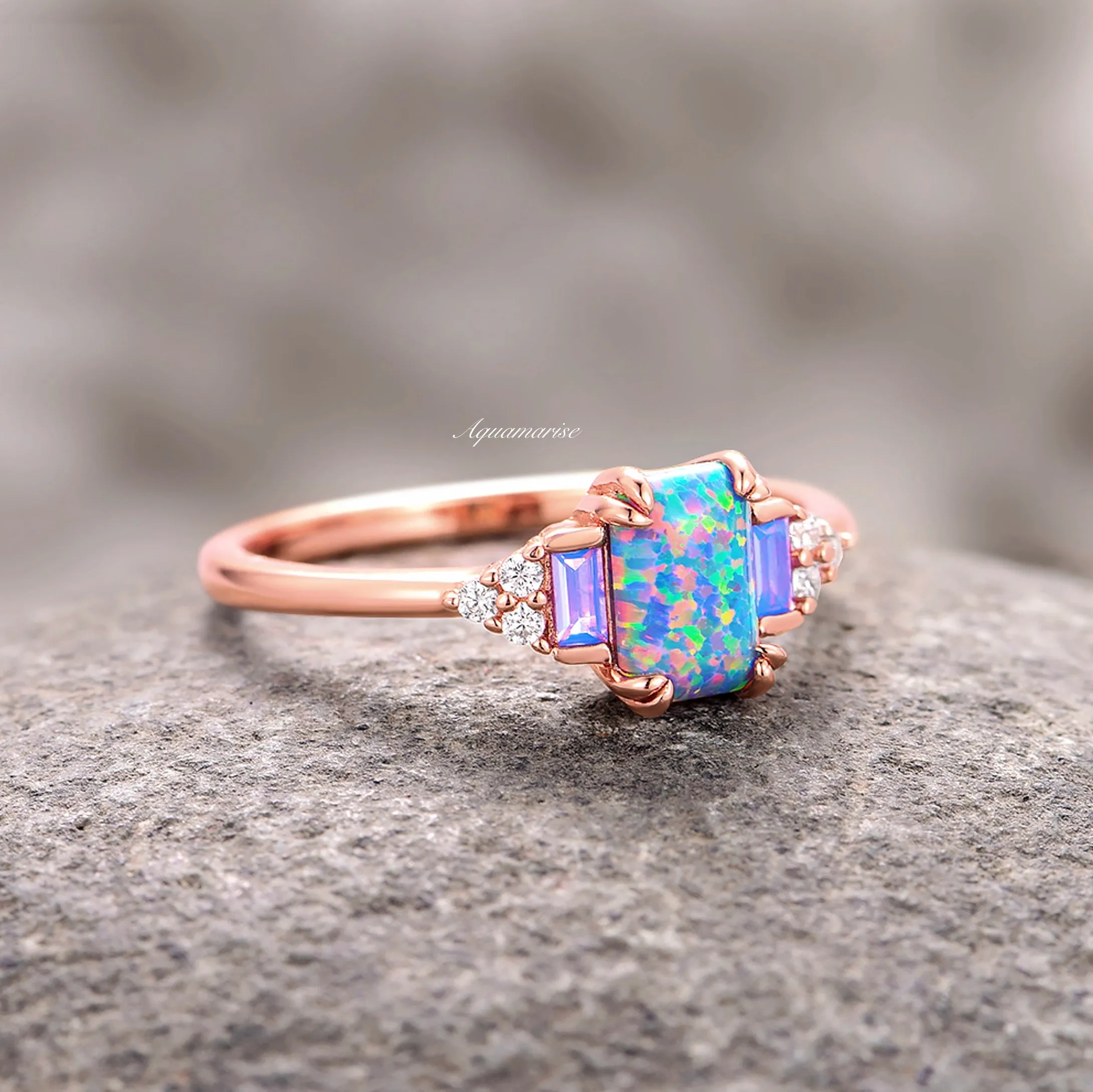 Light Blue Fire Opal & Opalescent Sapphire Couples Ring