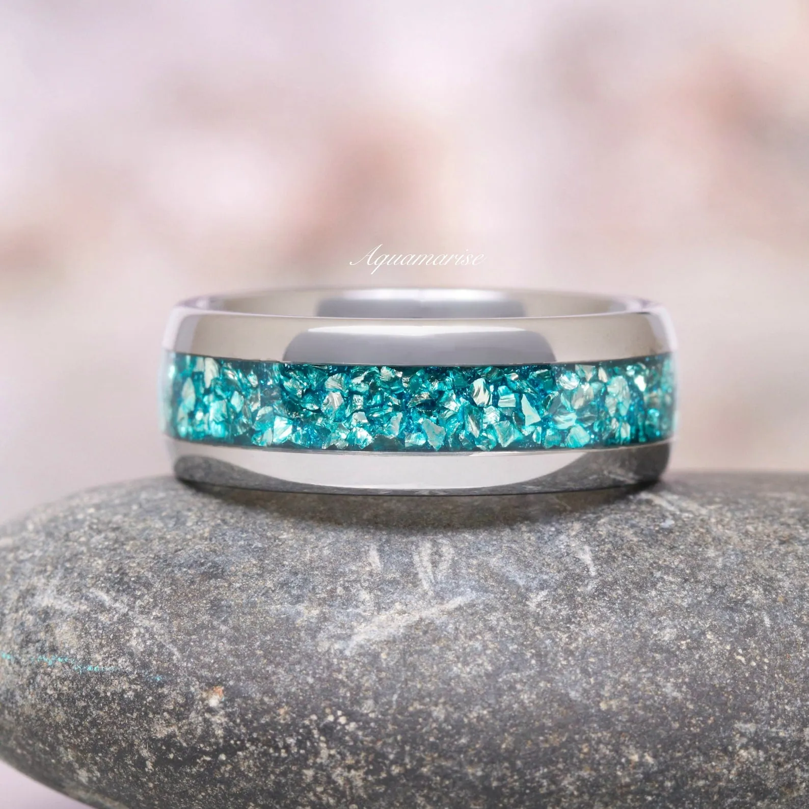 Minimalist Crushed Aquamarine Couples Ring