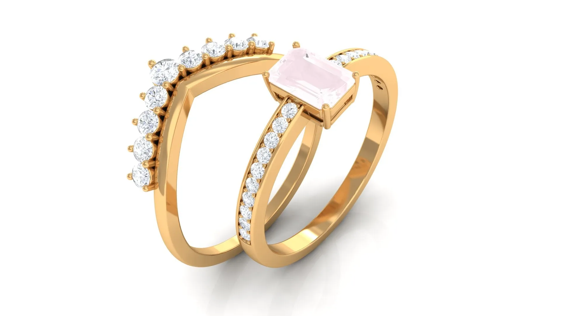 Octagon Cut Rose Quartz and Diamond Ring Set