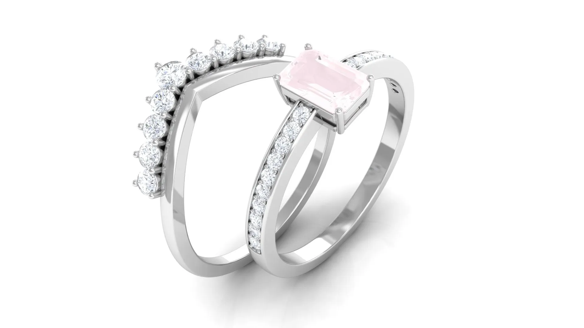 Octagon Cut Rose Quartz and Diamond Ring Set