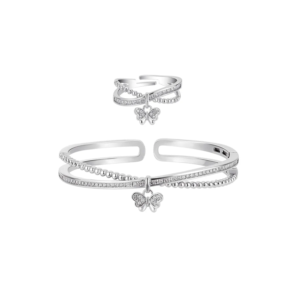 Phantasmal Butterfly Double Open Cuff Silver Bangle & Ring Set