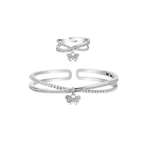 Phantasmal Butterfly Double Open Cuff Silver Bangle & Ring Set