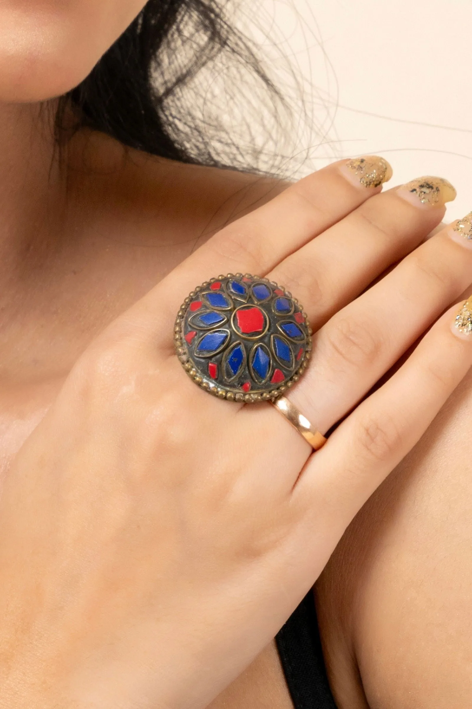 Red Blue Tibetan Finger Ring - Unique Vibrant Design for All Occasions, Non-Allergic Plating