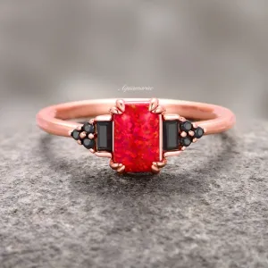 Red Fire Opal & Black Diamond (Onyx) Ring- 14K Rose Gold Vermeil