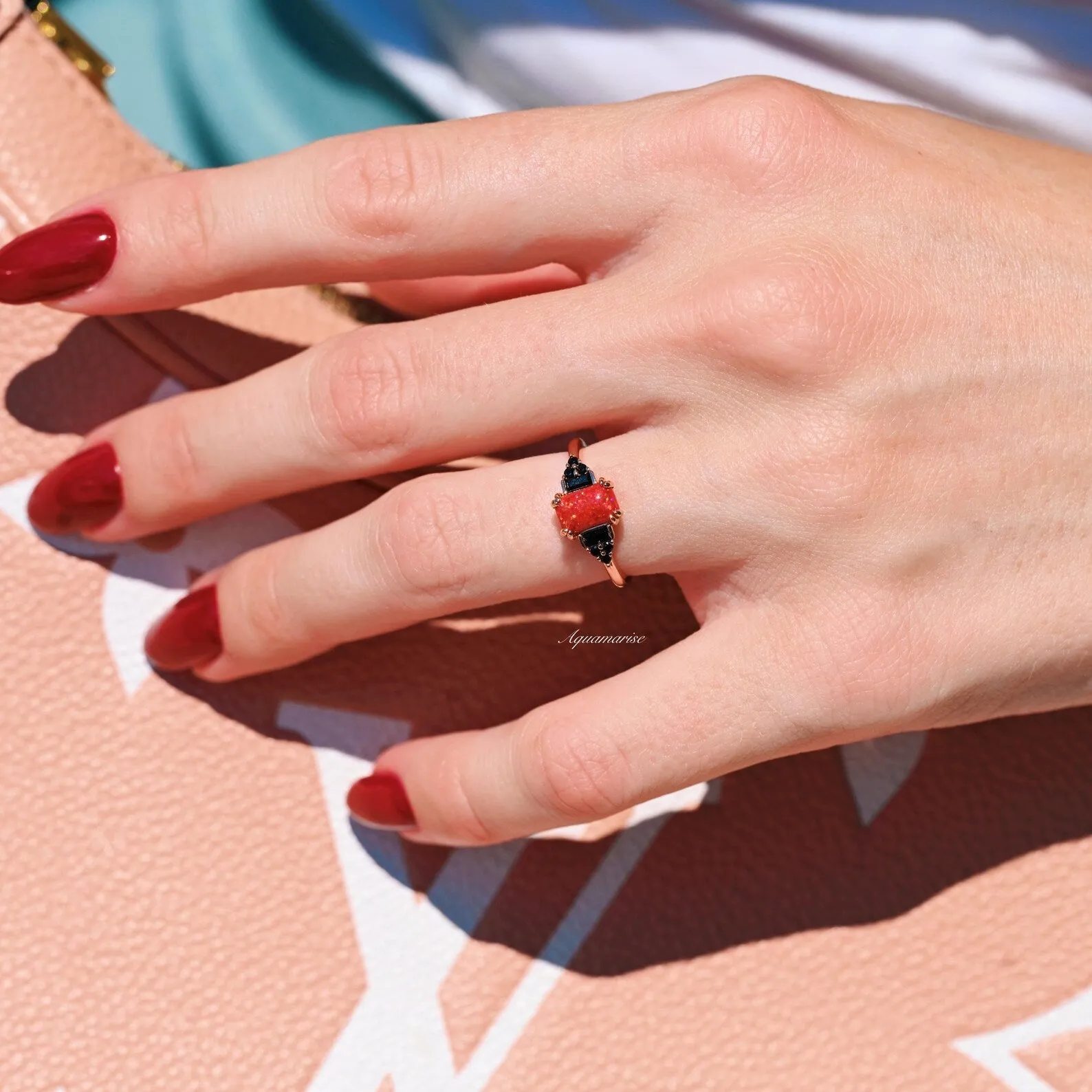 Red Fire Opal & Black Diamond (Onyx) Ring- 14K Rose Gold Vermeil