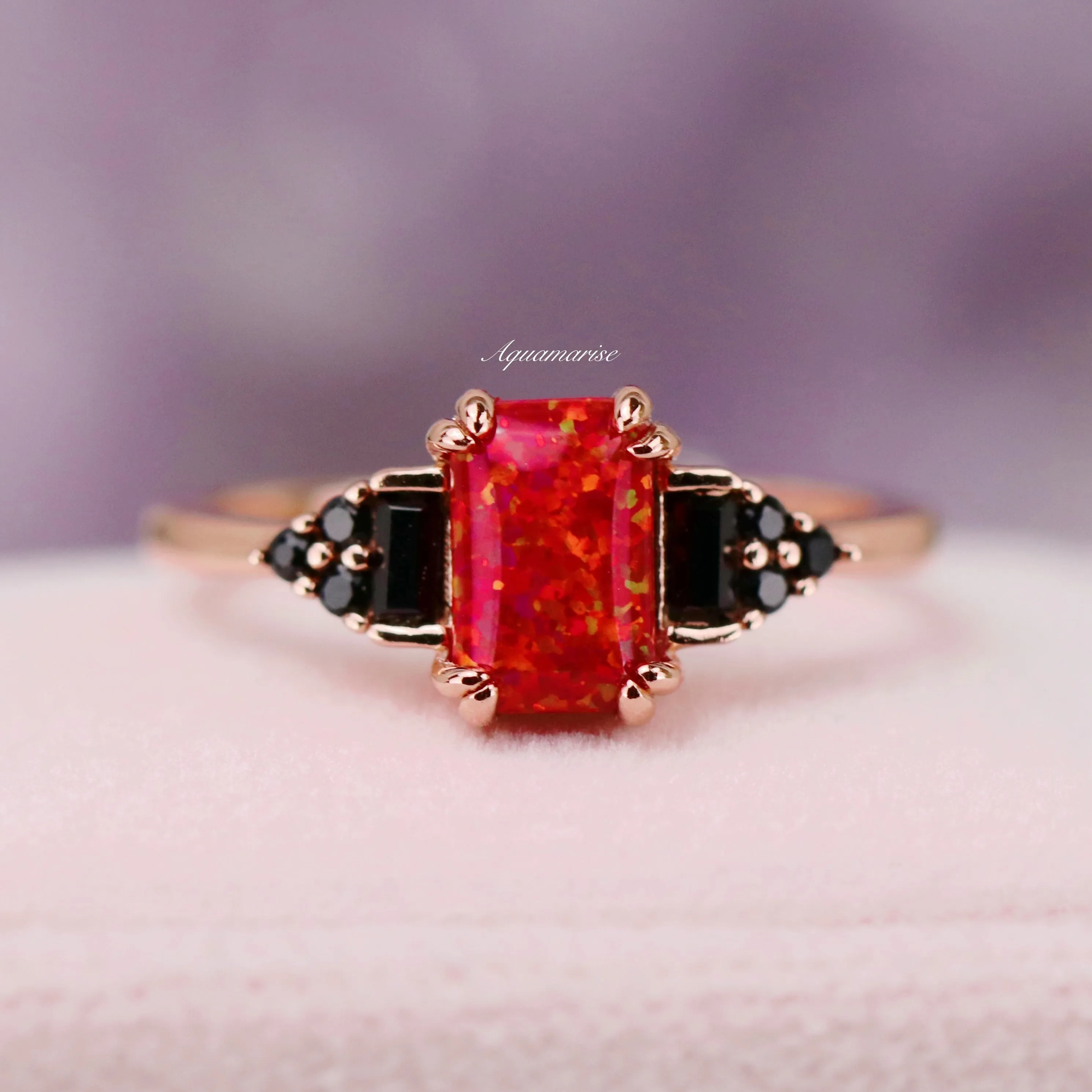 Red Fire Opal & Black Diamond (Onyx) Ring- 14K Rose Gold Vermeil