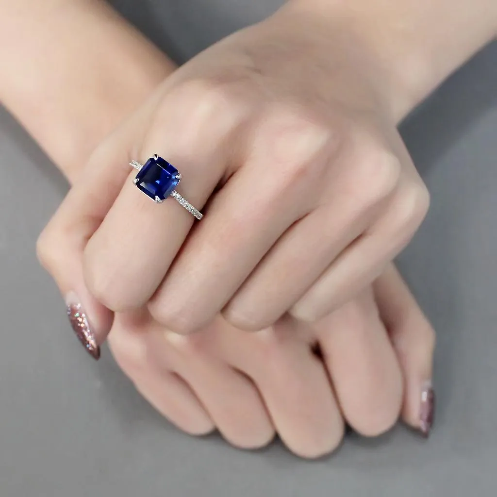 Rhodium 925 Sterling Silver Ring with Synthetic Spinel in London Blue for Women Style TS177