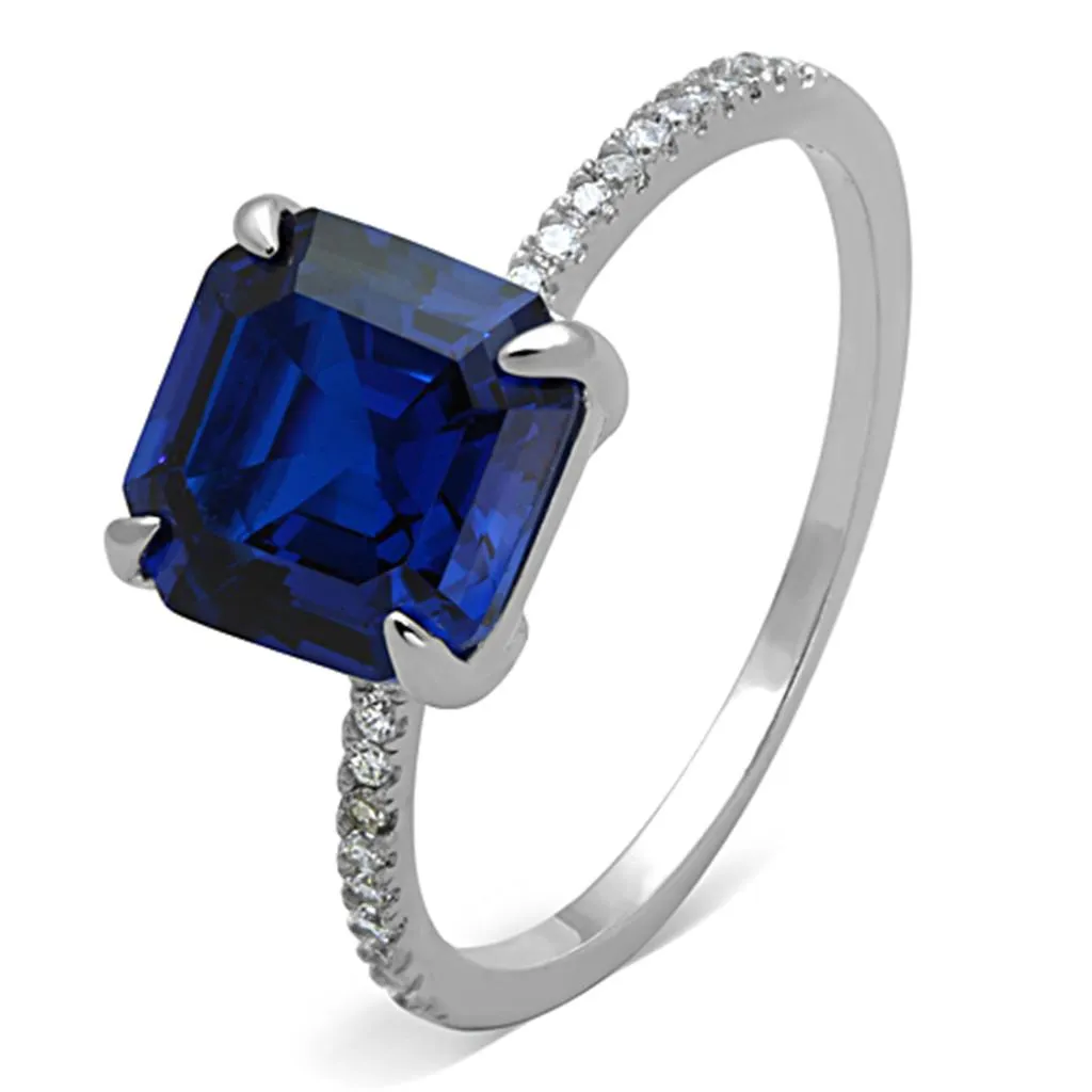 Rhodium 925 Sterling Silver Ring with Synthetic Spinel in London Blue for Women Style TS177