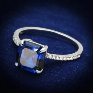 Rhodium 925 Sterling Silver Ring with Synthetic Spinel in London Blue for Women Style TS177