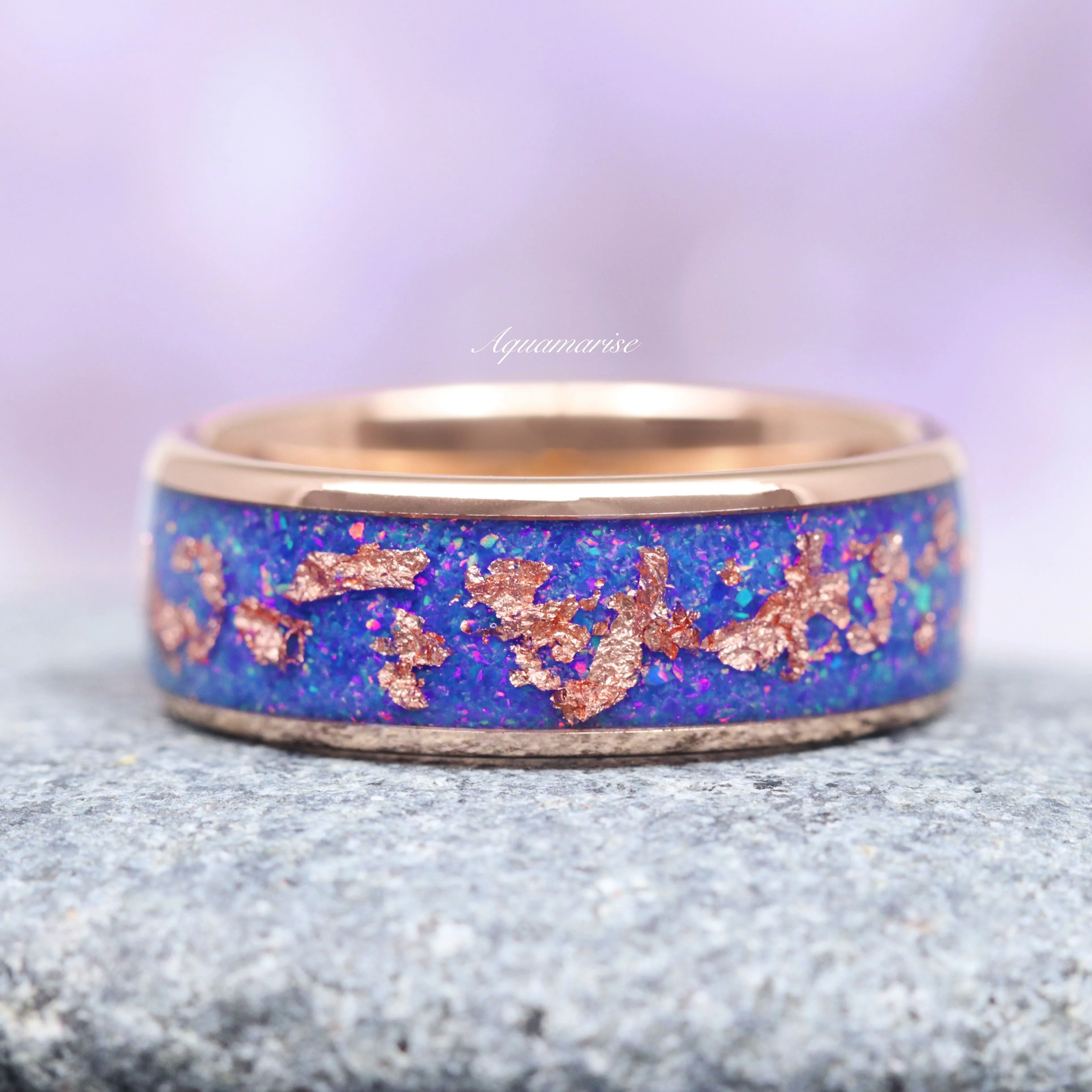 Starry Night Van Gogh Fire Opal & Rose Gold Leaf Couples Ring