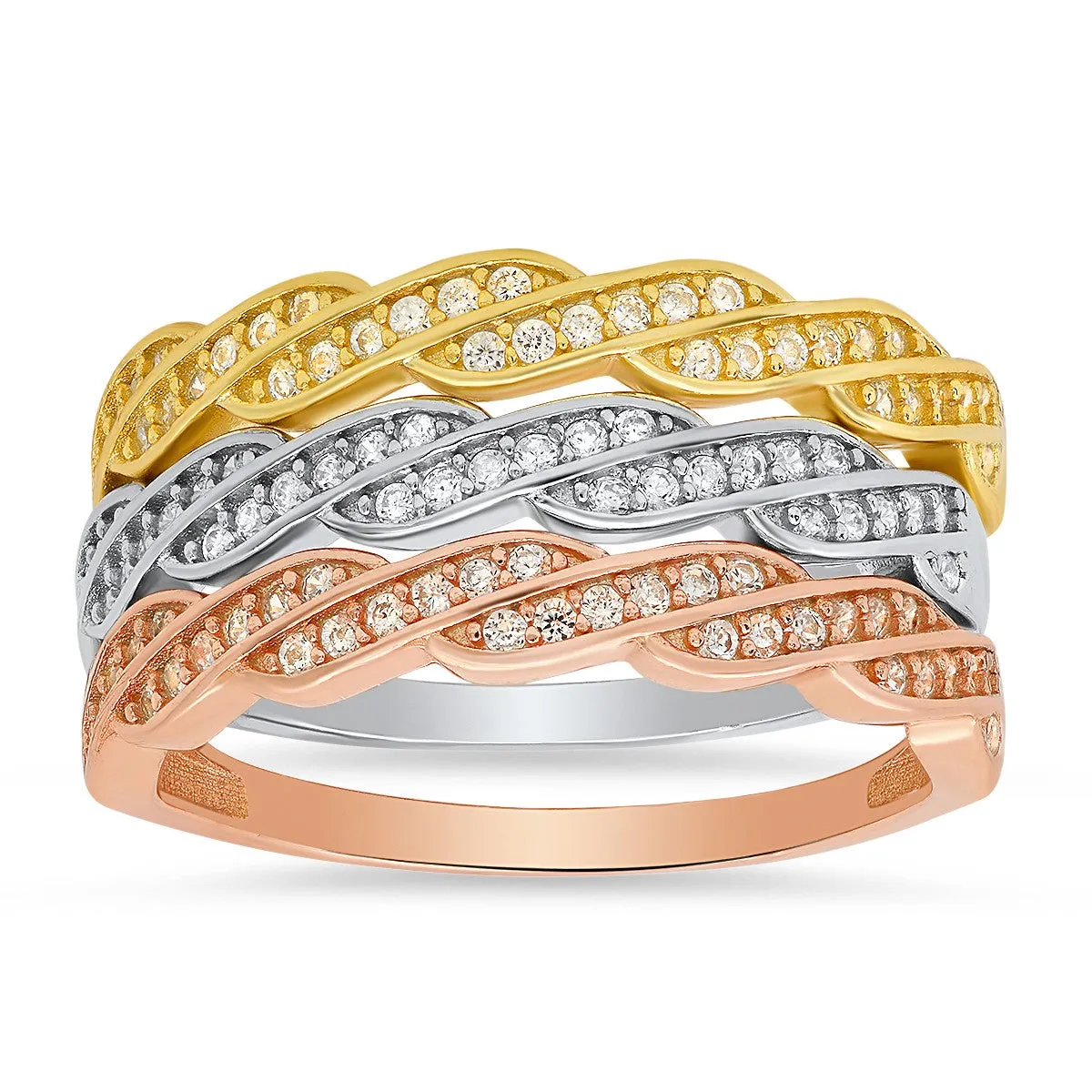 Sterling Silver Tri-Color Swirl CZ Stackable Ring Set