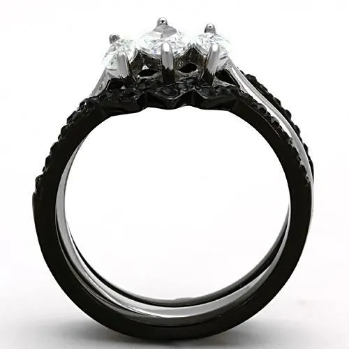 Two-Tone IP Black Stainless Steel Ring with AAA Grade CZ in Clear for Women Style TK1347