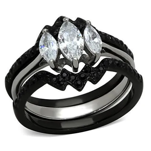 Two-Tone IP Black Stainless Steel Ring with AAA Grade CZ in Clear for Women Style TK1347