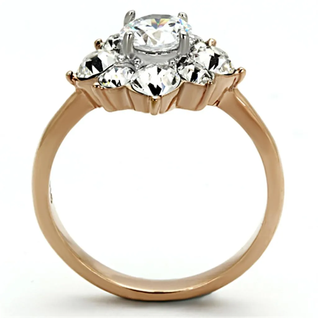 Two-Tone IP Rose Gold Stainless Steel Ring with AAA Grade CZ in Clear for Women Style TK1168