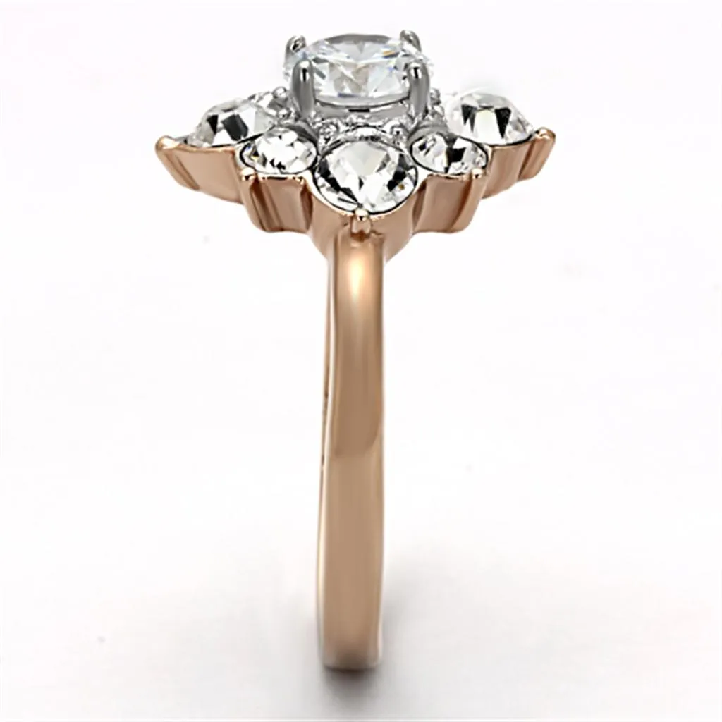 Two-Tone IP Rose Gold Stainless Steel Ring with AAA Grade CZ in Clear for Women Style TK1168